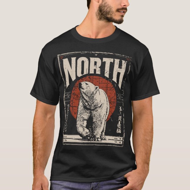 Camiseta Urso Polar com Sol Vermelho e Mapa de Nortes (Frente)