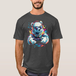 Camiseta Urso Polar de Jogos Headset Colorido Arte Gamer Po