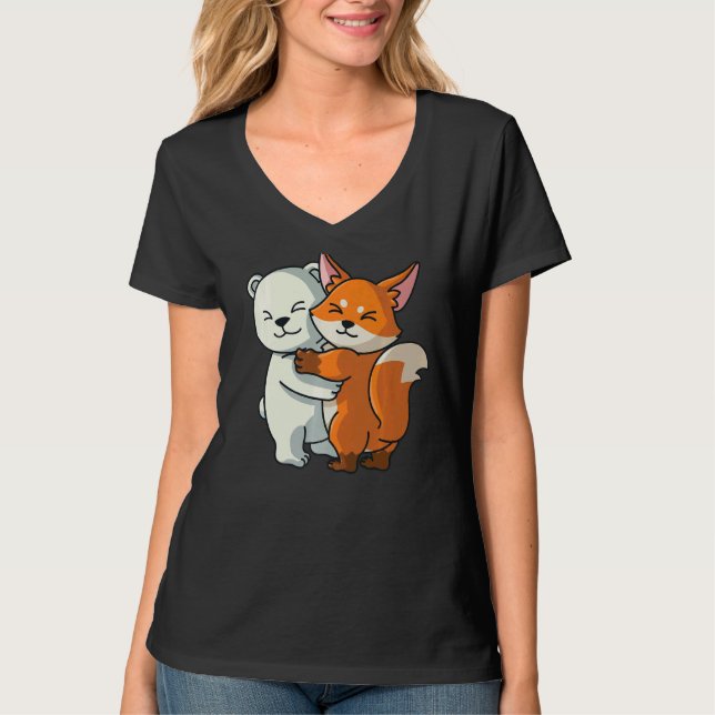 Camiseta Urso Polar E Raposa Cute Abraçando Meninas (Frente)