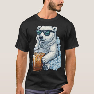 Camiseta Urso Polar Fofo e Divertido Bebendo Café Gelado Le