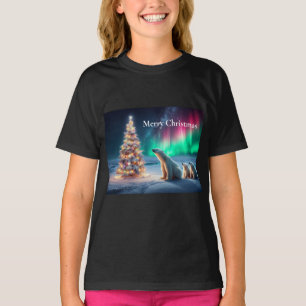 Camiseta Urso Polar Mamãe Cubra Luzes de Norte de Árvore de