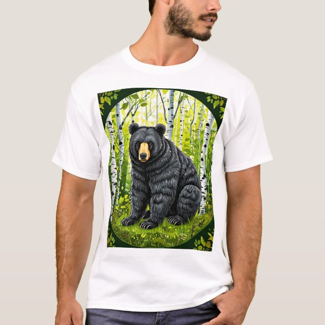 Camiseta 🐻 Urso Preto Em Floresta De Bétulas Para Aventura (Frente)