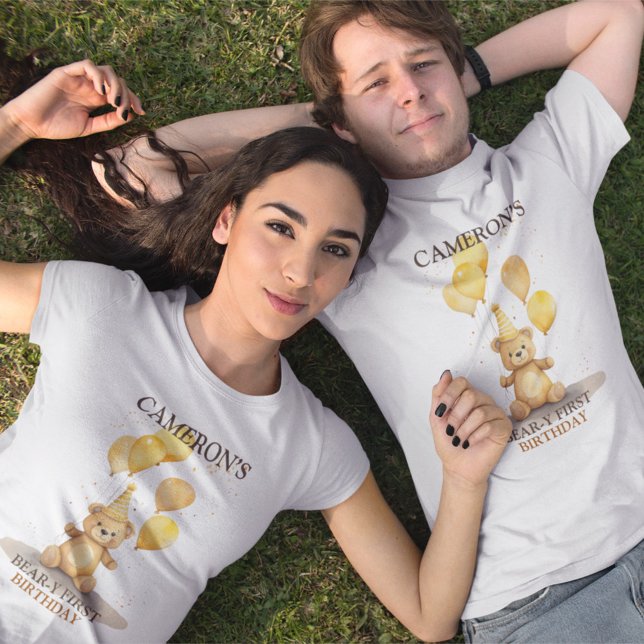 Camiseta Urso Primeiro Aniversário Sexo Neutro Urso Amarelo (Criador carregado)