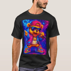 Camiseta Urso Raper Neon – Hip Hop de Rua que Brilha no Esc