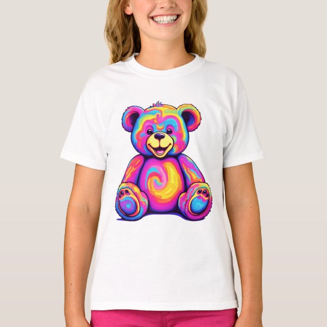 Camiseta Urso Teddy Hippie Arco-Íris Psicodélico Cor Brilha (Frente)