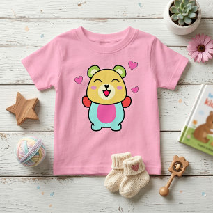 Camiseta Urso Teddy Kawaii Sorridente com Corações de Amor