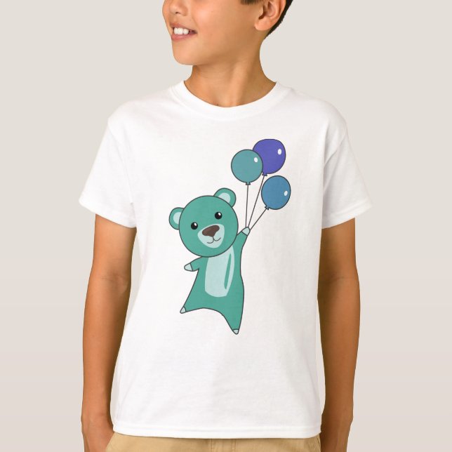 Camiseta Urso Turquesa Voa Com Balões Animais Curiosos (Frente)