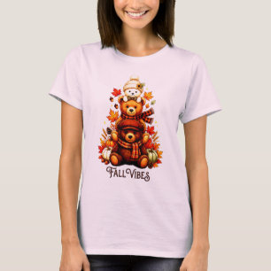Camiseta Ursos Aconchegantes de Outono Empilhados Folhas de