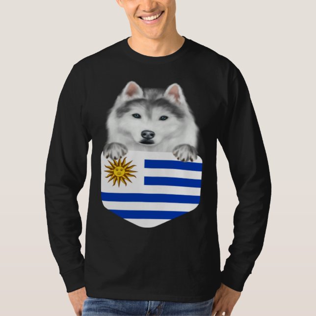 Camiseta Uruguay Flag Siberian Husky Dog In Pocket (Frente)