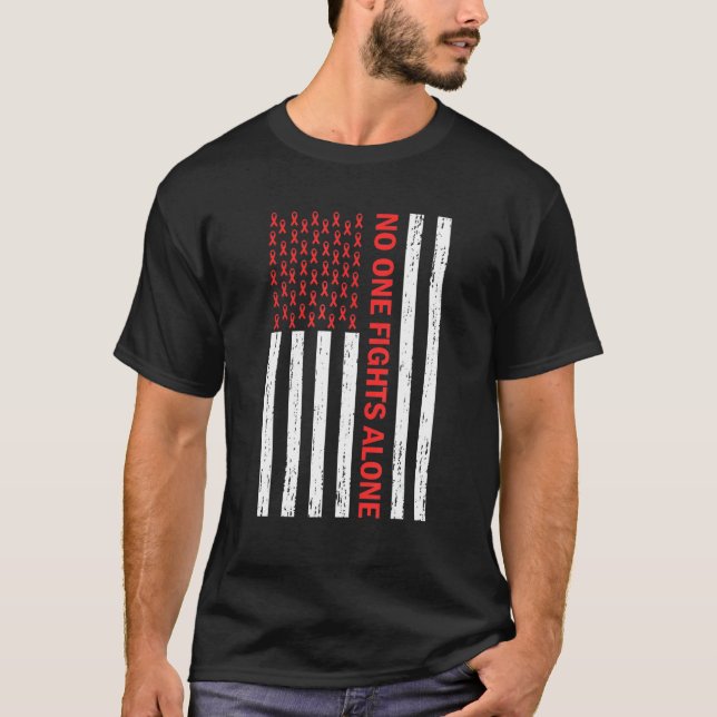Camiseta Us Flag No Body Fights Alone Red Ribbon Awareness  (Frente)