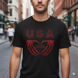 Camiseta USA 1776 Coração Esqueleto Patriótico Mão