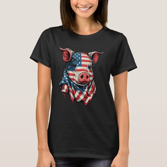 Camiseta USA 4º De Julho Porco Sobre Porco Americano Patrió (Frente)