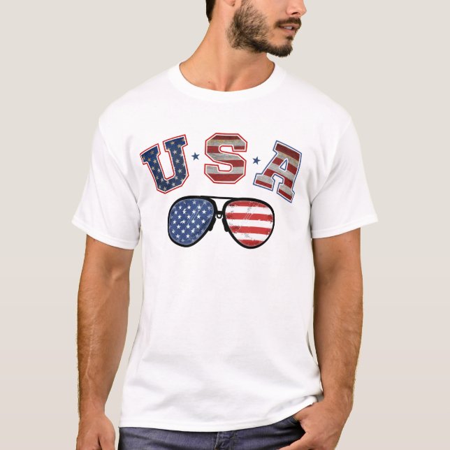 Camiseta USA American Flag Sunglass Veteran 4 De Julho (Frente)