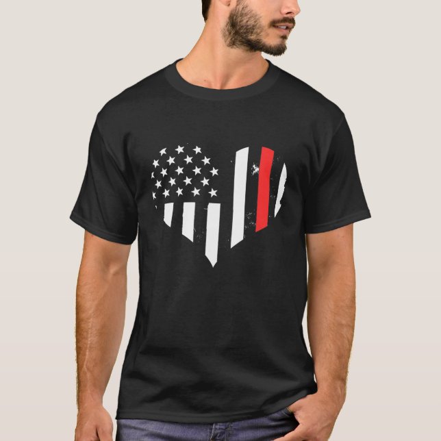 Camiseta USA Flag Heart Firefighter Thin Red Line Fireman G (Frente)