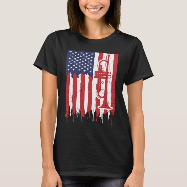 Camiseta USA Flag Thin Red Line Smooth Jazz Music Trumpet (Frente)