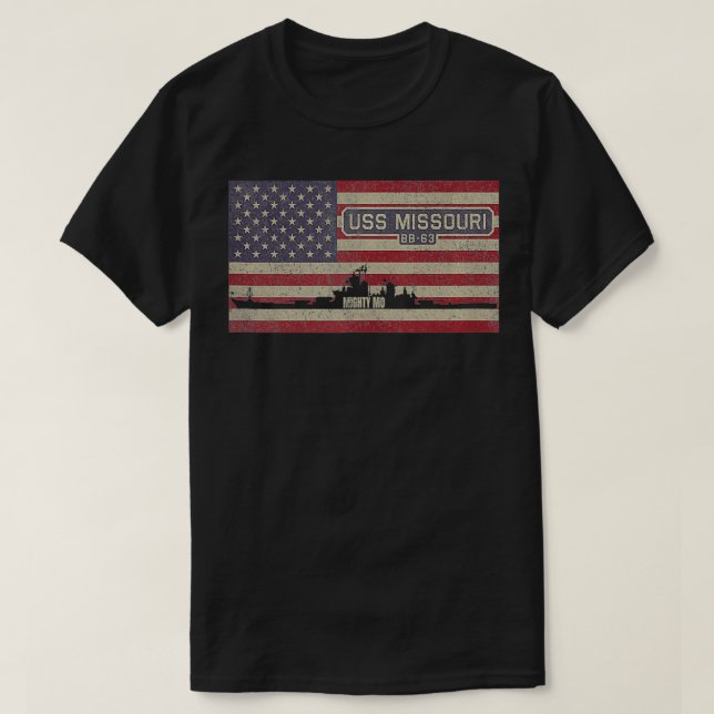 Camiseta USS Missouri BB63 WW2 Battleship USA American Flag (Frente do Design)