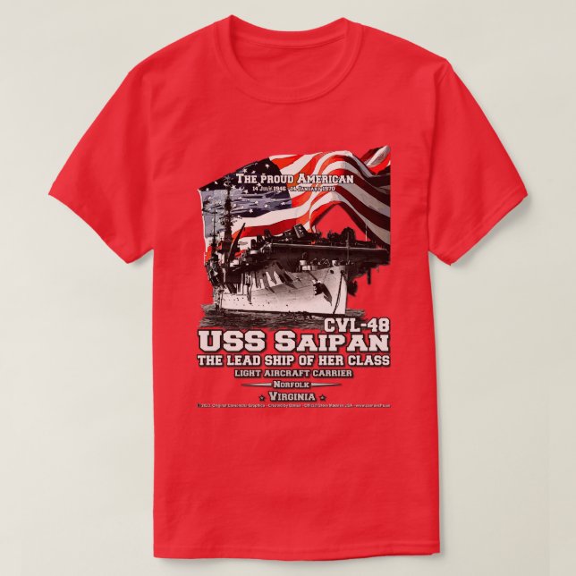 Camiseta USS Saipan CVL48 veteranos porta-aviões ligeiros (Frente do Design)