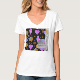 Camiseta V-Neck com Diamantes Rosa e Estrelas Dour