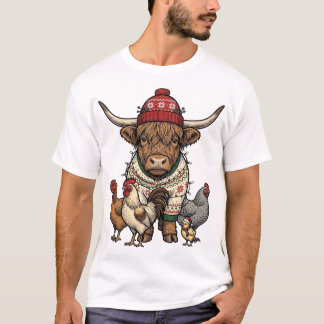 Camiseta Vaca Alta Escocesa de Natal e Galinhas Xilogravura