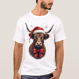 Camiseta Vaca Alta Escocesa de Natal Vintage com Chapéu de