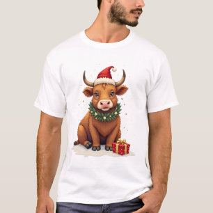 Camiseta Vaca Alta Escocesa de Natal Vintage com Presentes 