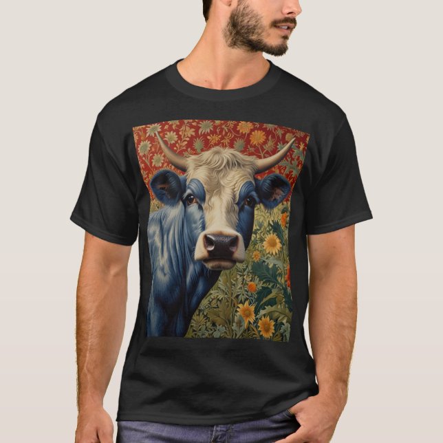 Camiseta Vaca azul retrô no girassol (Frente)