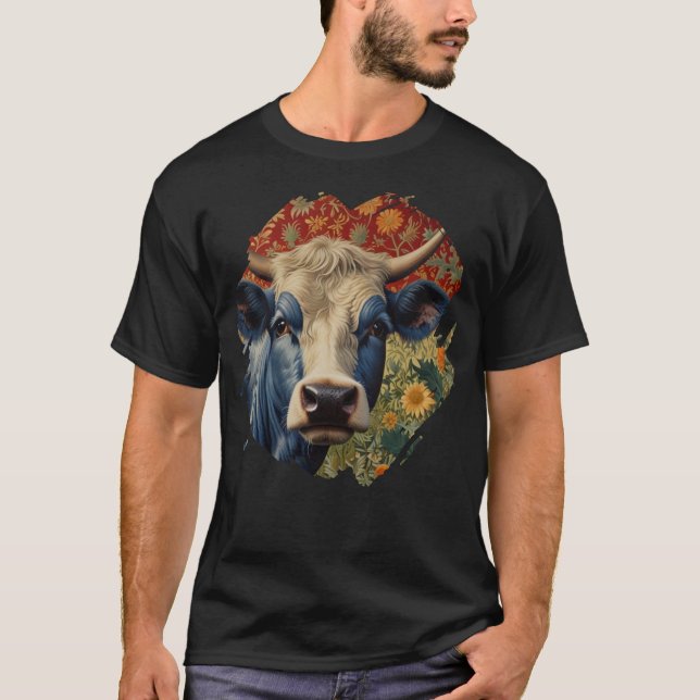 Camiseta Vaca azul retrô no girassol (Frente)
