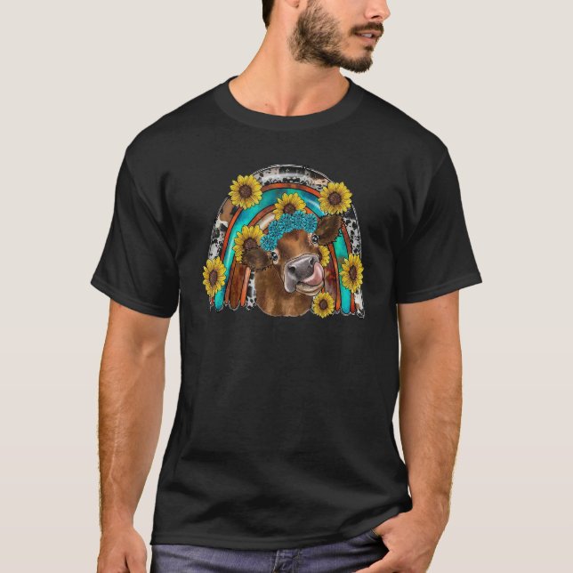 Camiseta Vaca Boho Ocidental Arco-íris Girassol Animais da  (Frente)