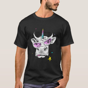 Camiseta Vaca Bonita Em Óculos Rosa Com Arco-Íris Unicórnio
