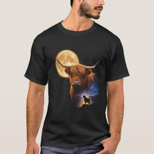 Camiseta Vaca Celestial das Terras Altas Uivando Lua Vintag