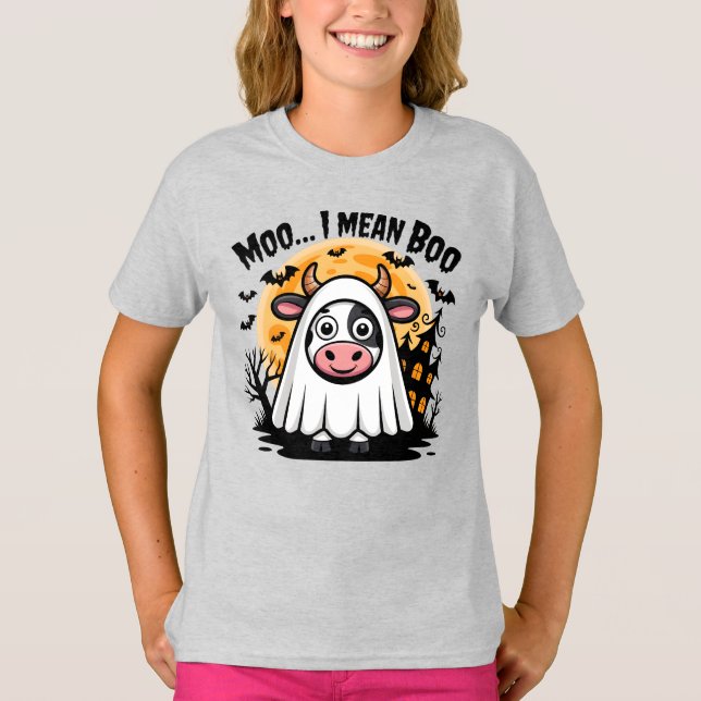Camiseta Vaca com fantasma "Moo... Quero dizer Boo" (Frente)