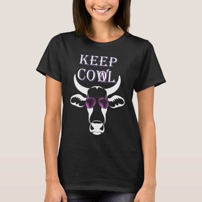 Camiseta Vaca com óculos de sol roxos fique calma (Frente)