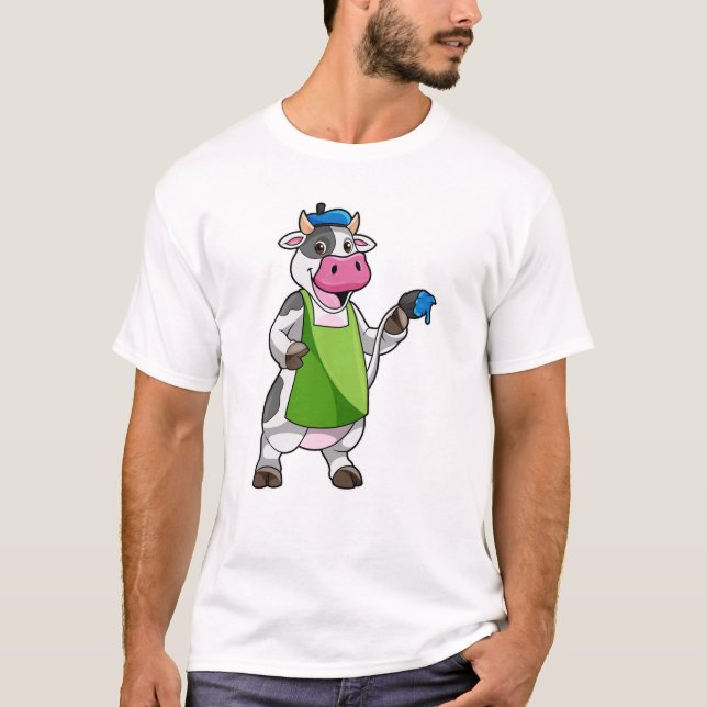 Camiseta Vaca como Pintor com Pintura e Apron (Frente)