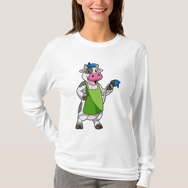 Camiseta Vaca como Pintor com Pintura e Apron (Frente)