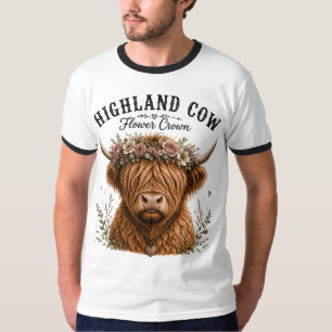 Camiseta Vaca das Terras Altas Coroa de Flores Desenho Cott