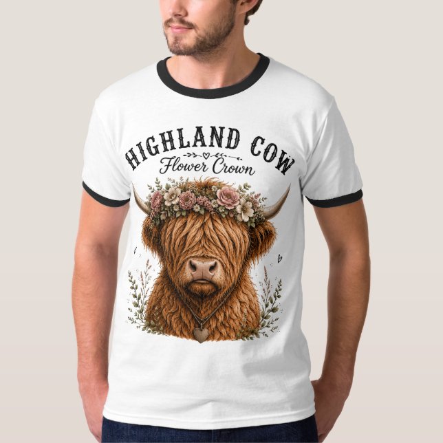 Camiseta Vaca das Terras Altas Coroa de Flores Desenho Cott (Frente)