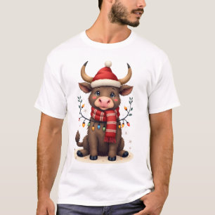 Camiseta Vaca das Terras Altas do Natal Vintage com Chapéu 