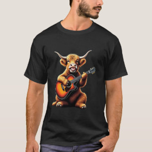 Camiseta Vaca das Terras Altas Engraçada Tocando Guitarra D