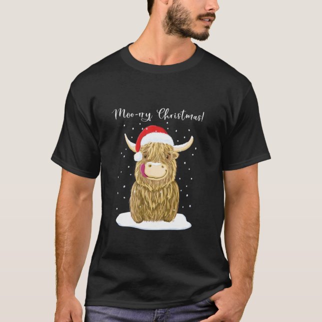 Camiseta Vaca das Terras Altas Feliz Natal Neve (Frente)
