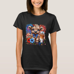 Camiseta Vaca das Terras Altas Floral 4 de Julho EUA Patrio