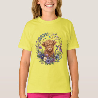 Camiseta Vaca das Terras Altas Flores Silvestres Borboletas