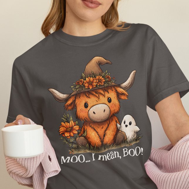 Camiseta Vaca das Terras Altas Moo Quero Dizer Boo Fantasma (Criador carregado)