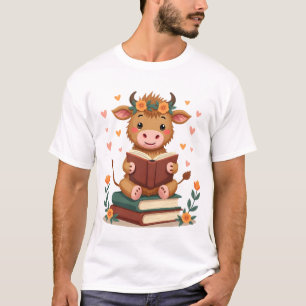 Camiseta Vaca das Terras Altas Vintage Lendo Livros Floral 
