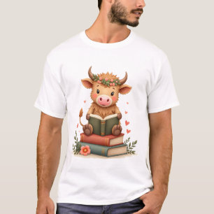 Camiseta Vaca das Terras Altas Vintage Lendo Livros Floral 