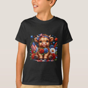 Camiseta Vaca De Highland 4 De Julho Floral, Vaca Patriótic