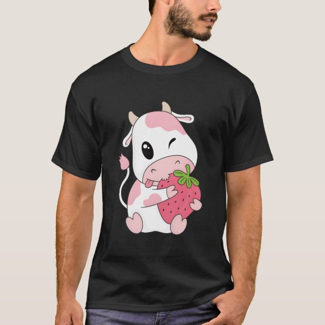 Camiseta Vaca de Morango Kawaii Impressão Animal (Frente)