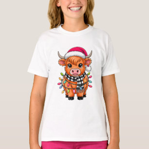 Camiseta Vaca de Natal bonita com Santa Hat e Scarf