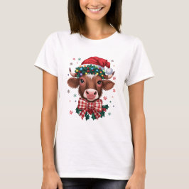 Camiseta Vaca de Natal com Chapéu de Papai Noel e Luzes Fes
