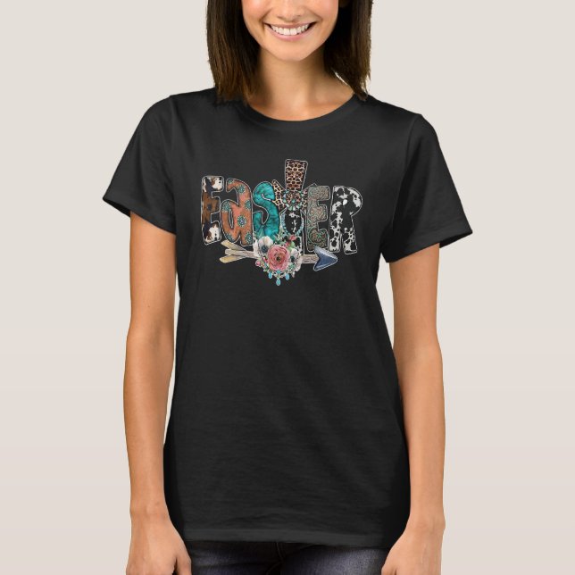 Camiseta Vaca de Páscoa Couro Leopardo Floral Turquesa Ocid (Frente)