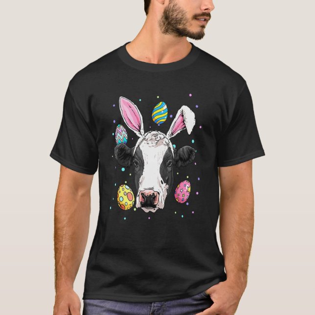 Camiseta Vaca de Páscoa Fofa Com Orelhas de Coelho Ovos de  (Frente)